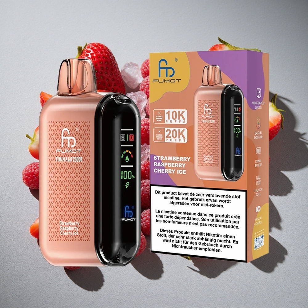 Fumot Tornado 20000 Caladas Fresa Frambuesa Cereza Hielo con Batería Recargable 850mAh y Control de Flujo de Aire