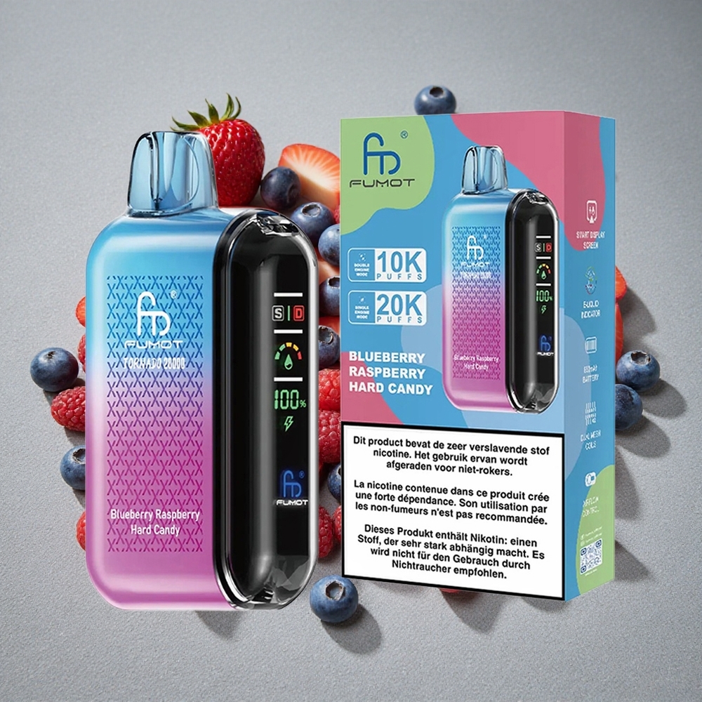 Fumot Tornado 20000 Caladas con Batería Recargable de 850mAh y Sabor Arándano Frambuesa Caramelo Duro