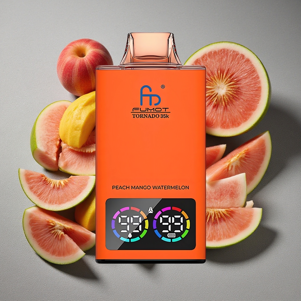 Fumot Tornado 35K Vape Desechable con Doble Bobina Mesh y Luz RGB Variable - Melocotón Mango Sandía